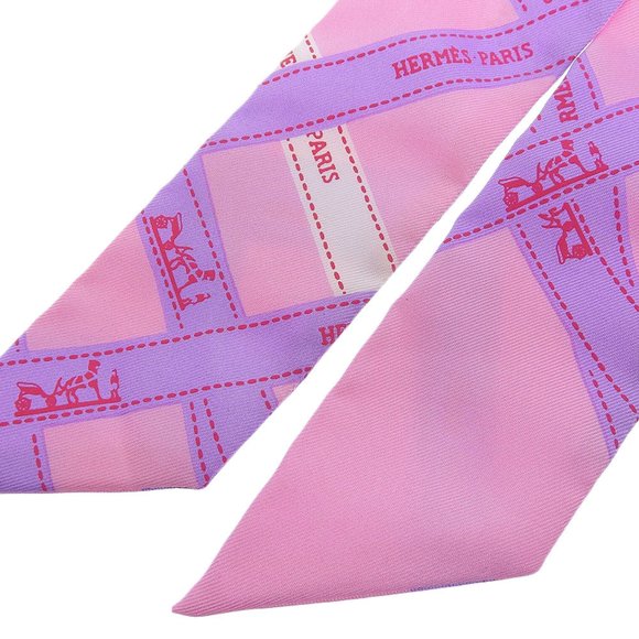 Hermes Scarf Muffler Bordeaux Ribbon Twilly Silk Pink